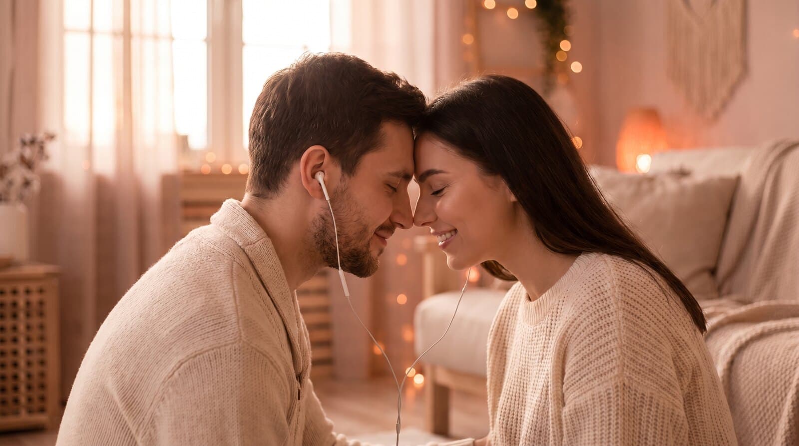 A couple sharing earbuds and listening to their personalised LoveTune song together