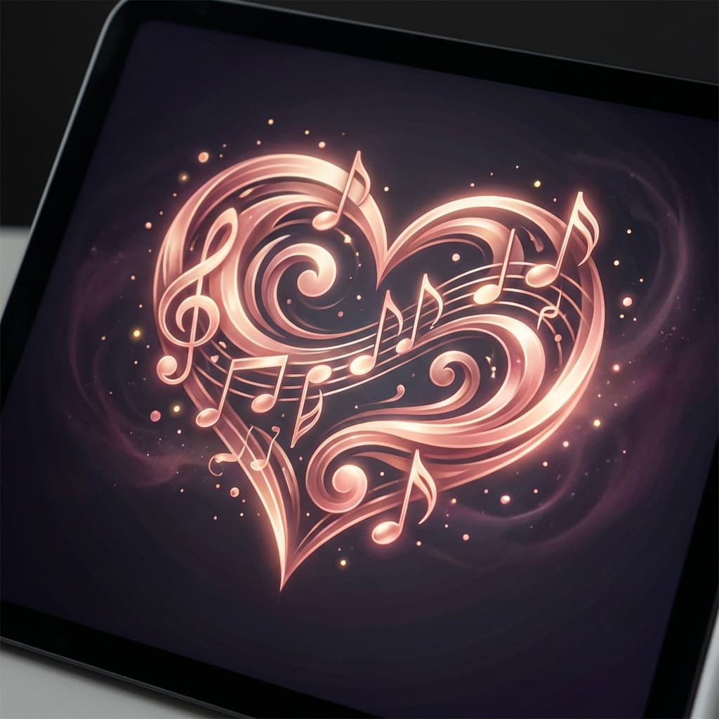 Musical notes flowing in a heart shape, representing personalised love songs